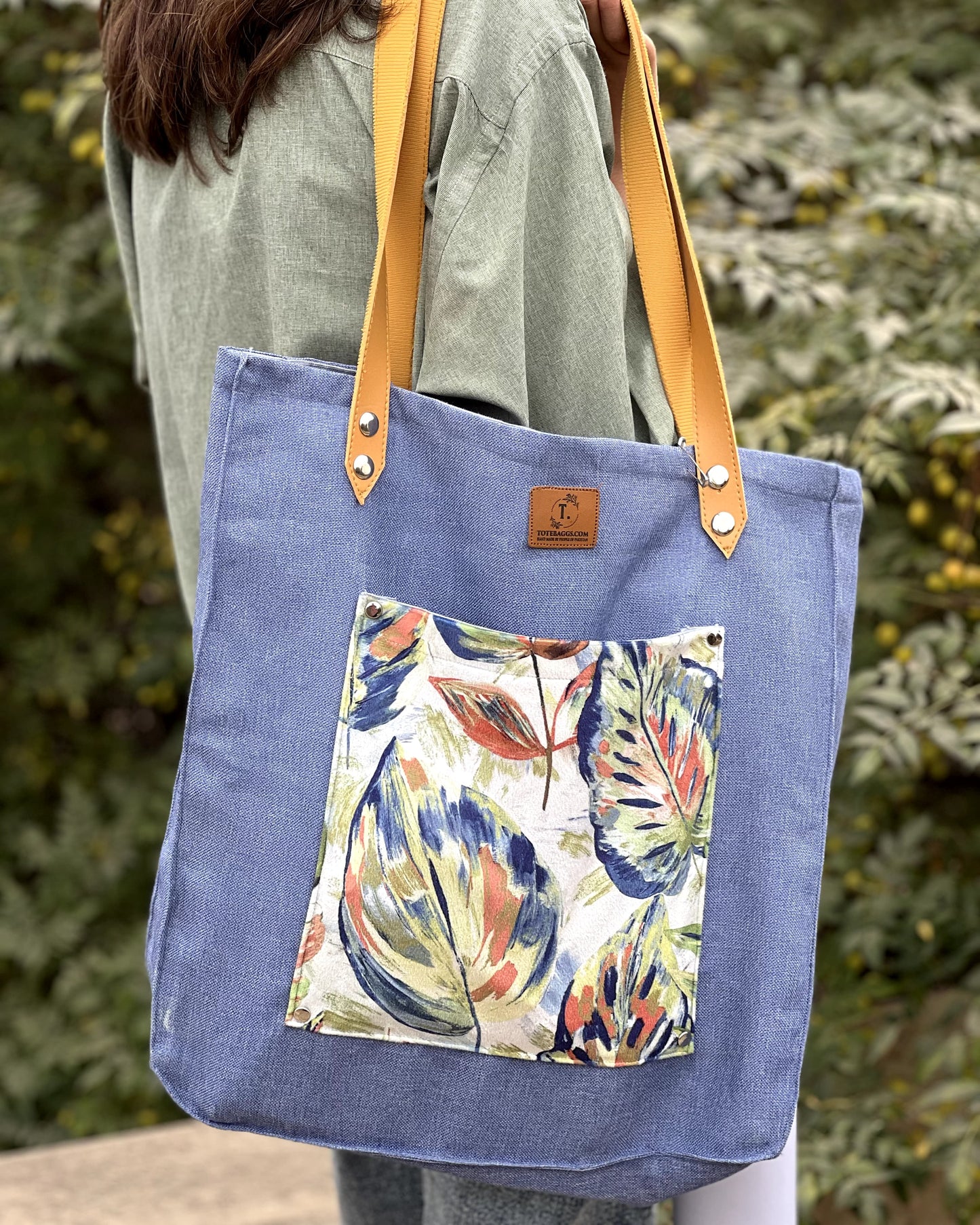 Leather Strap Blue Tote Bag – Digital Print Pocket