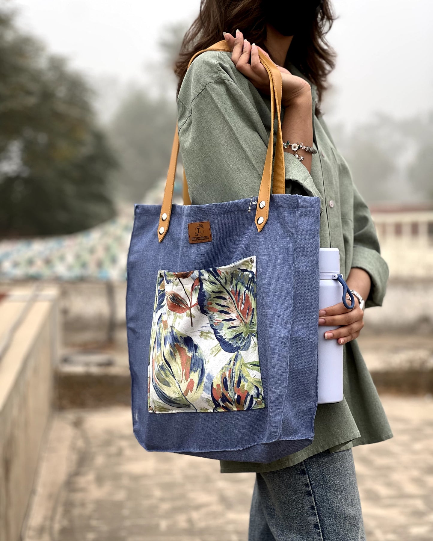 Leather Strap Blue Tote Bag – Digital Print Pocket