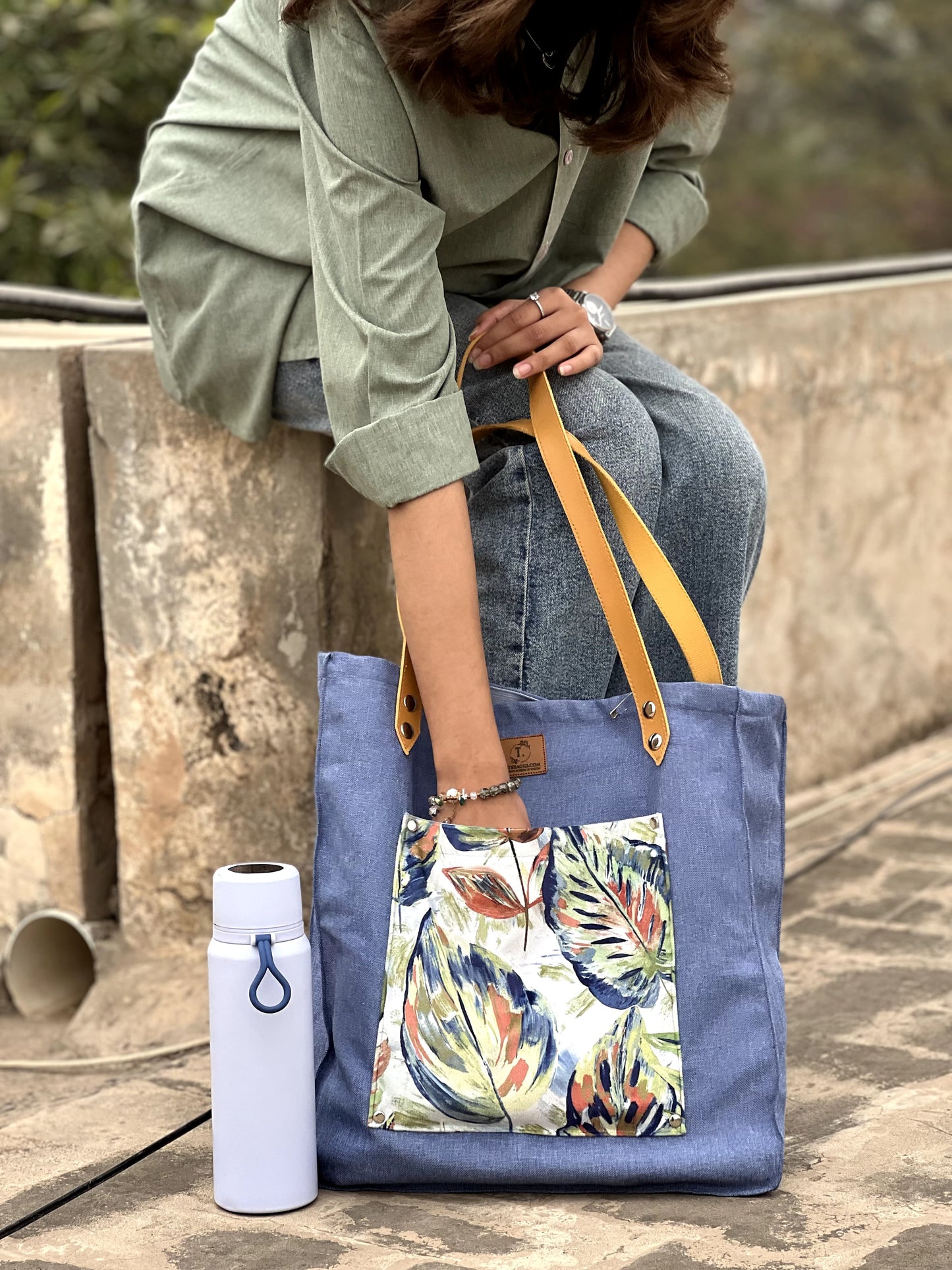 Leather Strap Blue Tote Bag – Digital Print Pocket