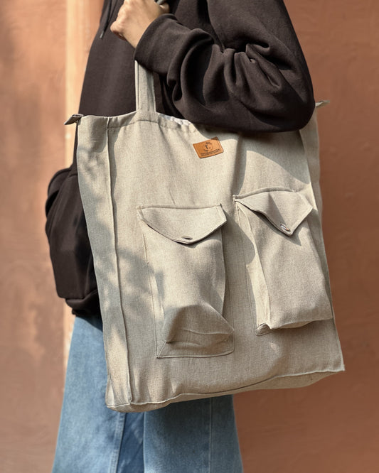 Double Pockets Sand-Grey Jute Tote Bag with Zipper