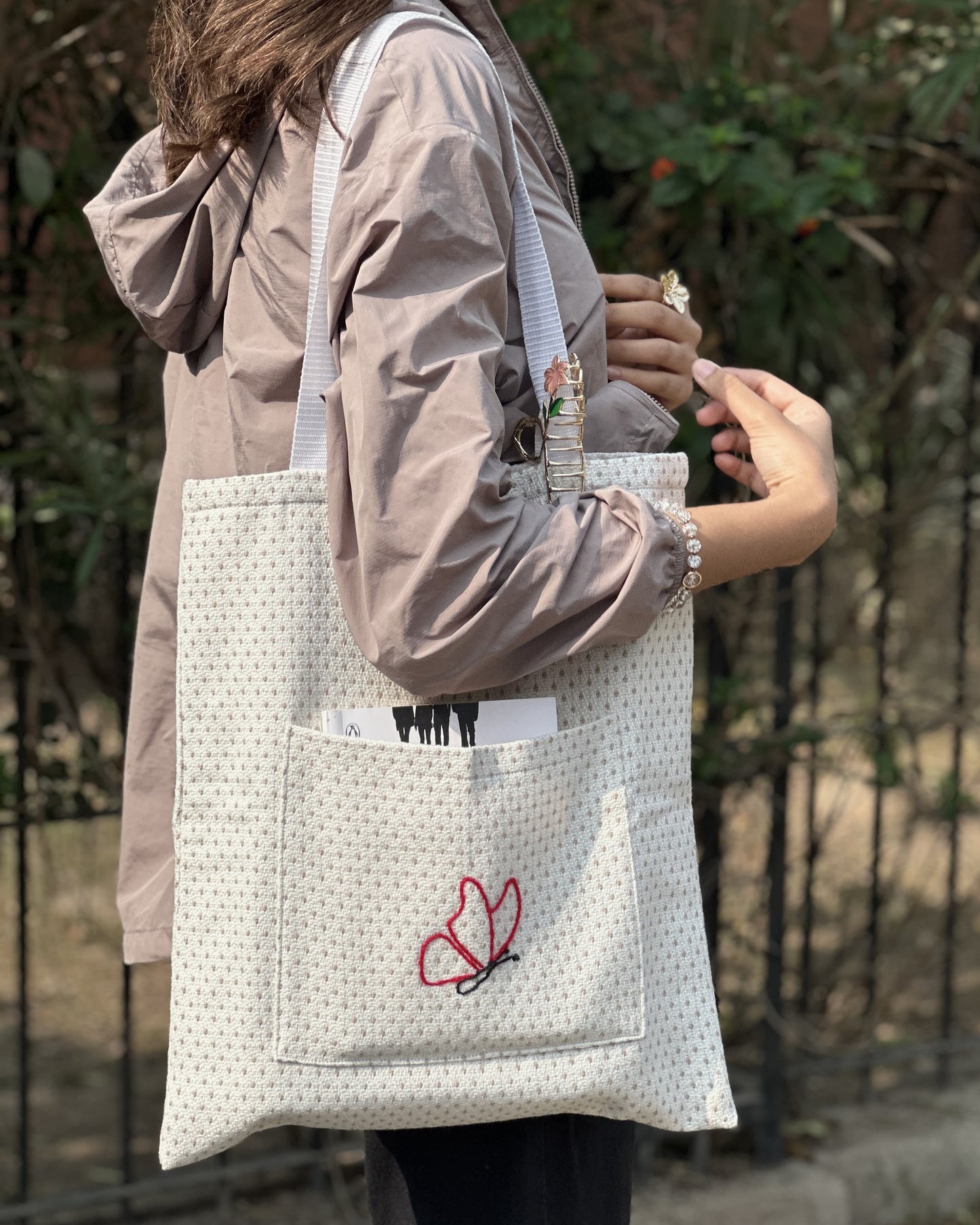 Dotted White Tote Bag - Butterfly Embroidery