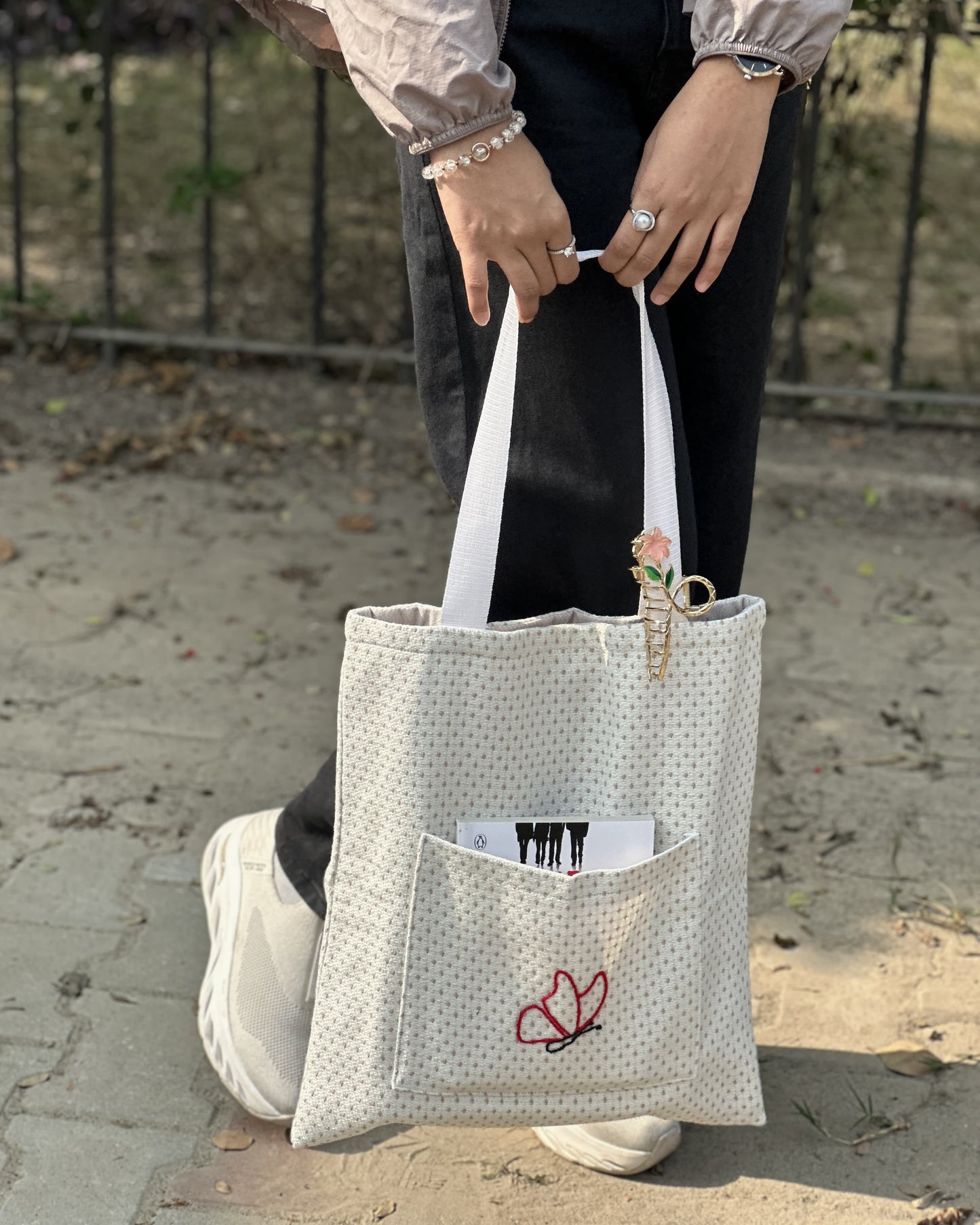 Dotted White Tote Bag - Butterfly Embroidery