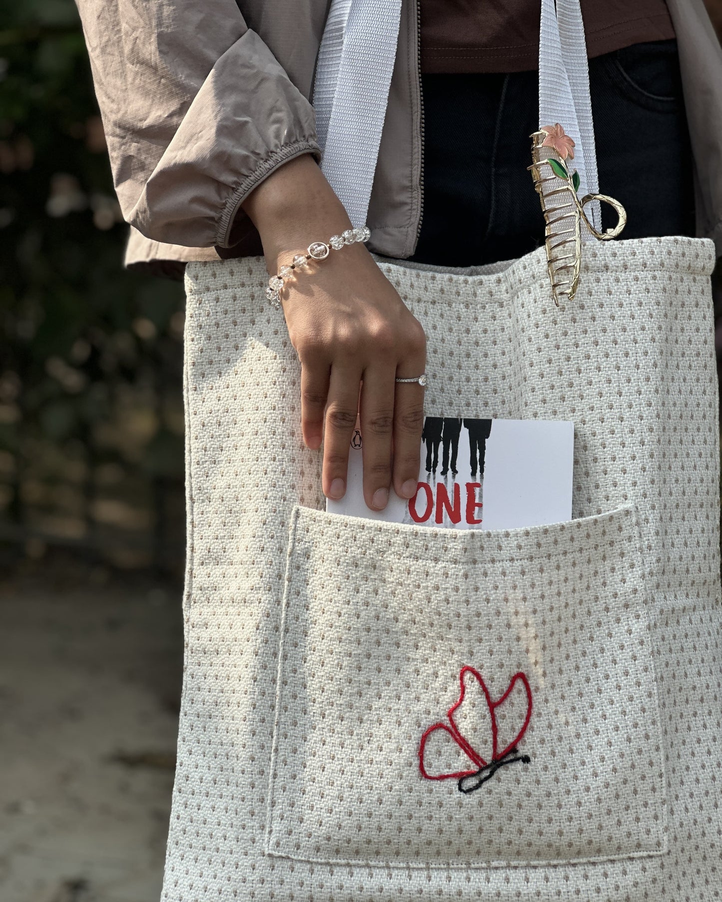 Dotted White Tote Bag - Butterfly Embroidery