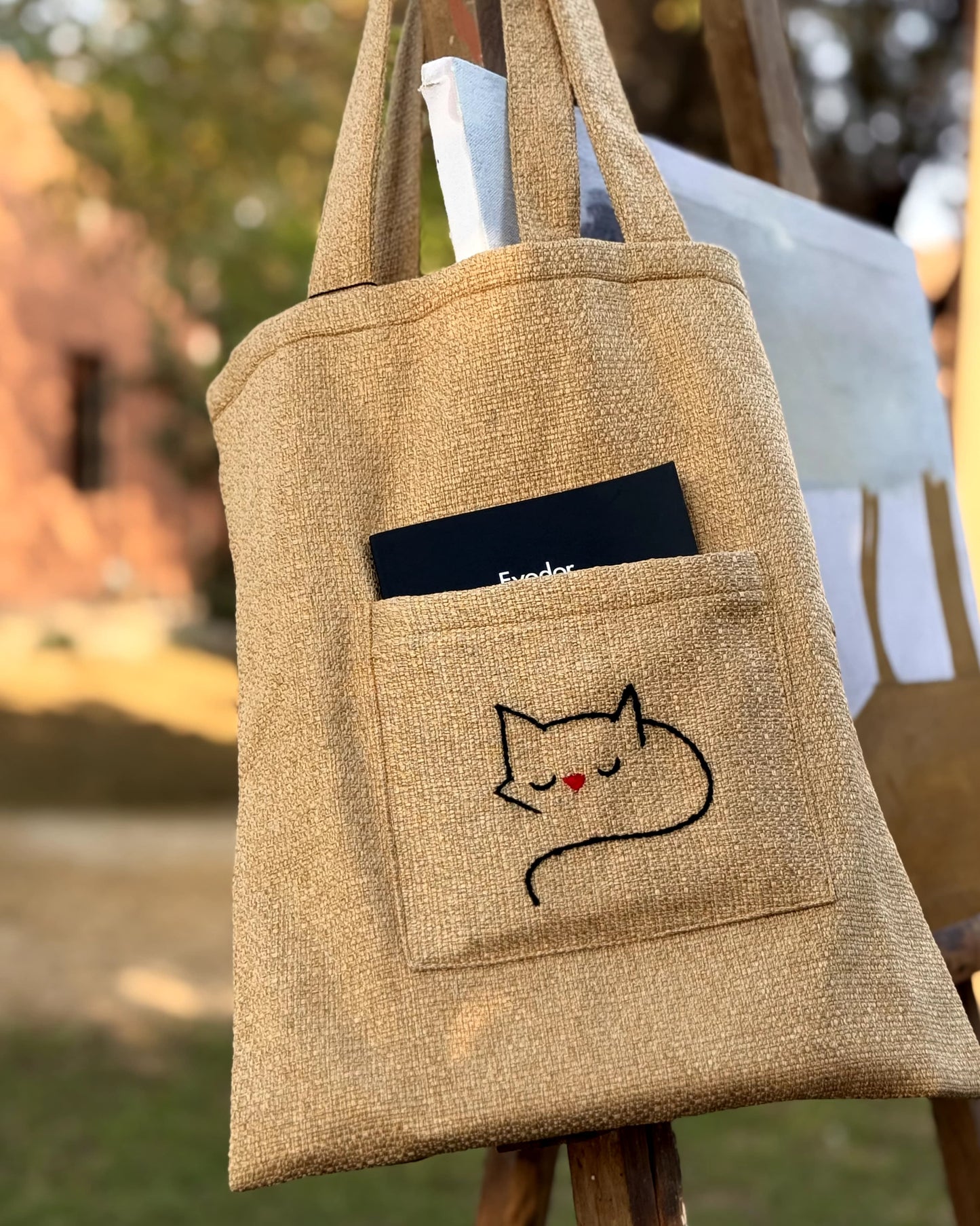 Handmade Golden Tote Bag with Cat Embroidery