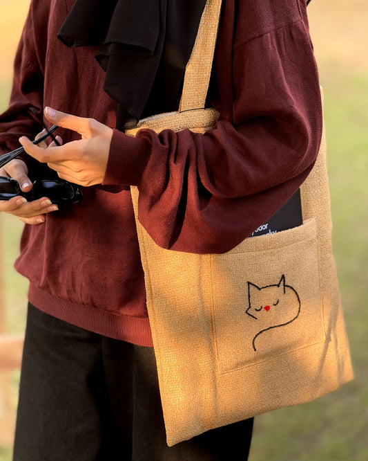 Handmade Golden Tote Bag with Cat Embroidery