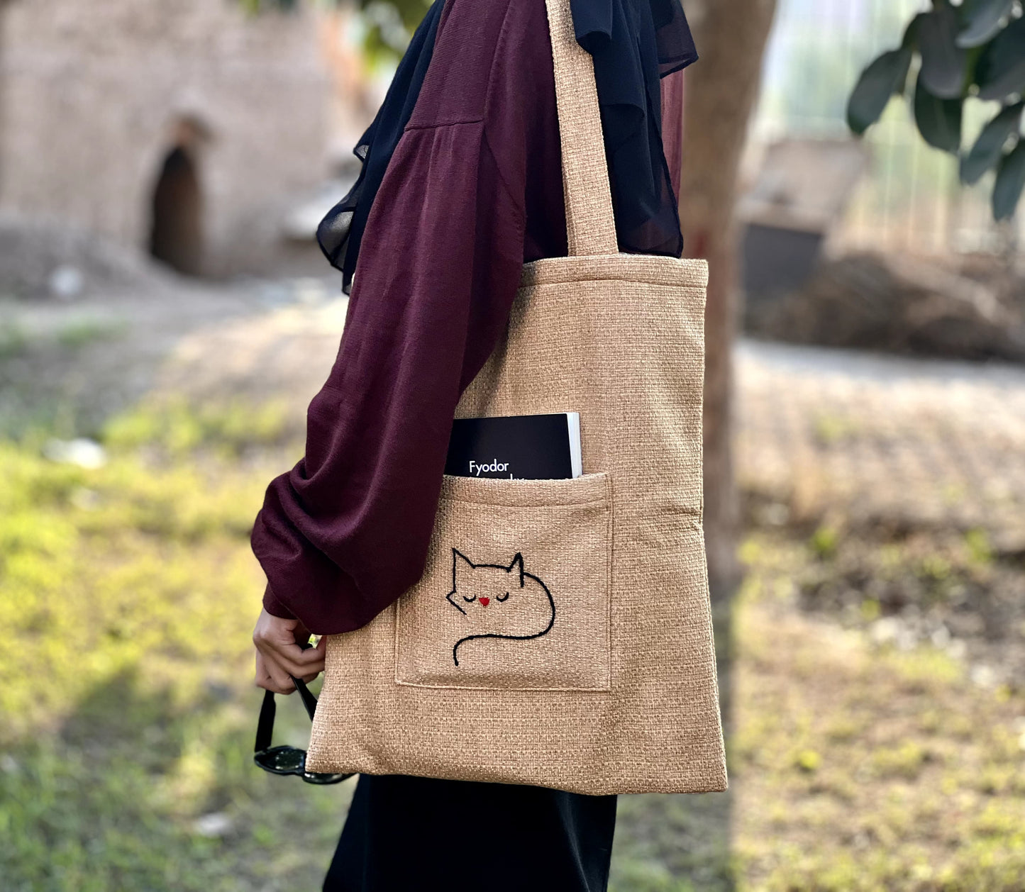 Handmade Golden Tote Bag with Cat Embroidery