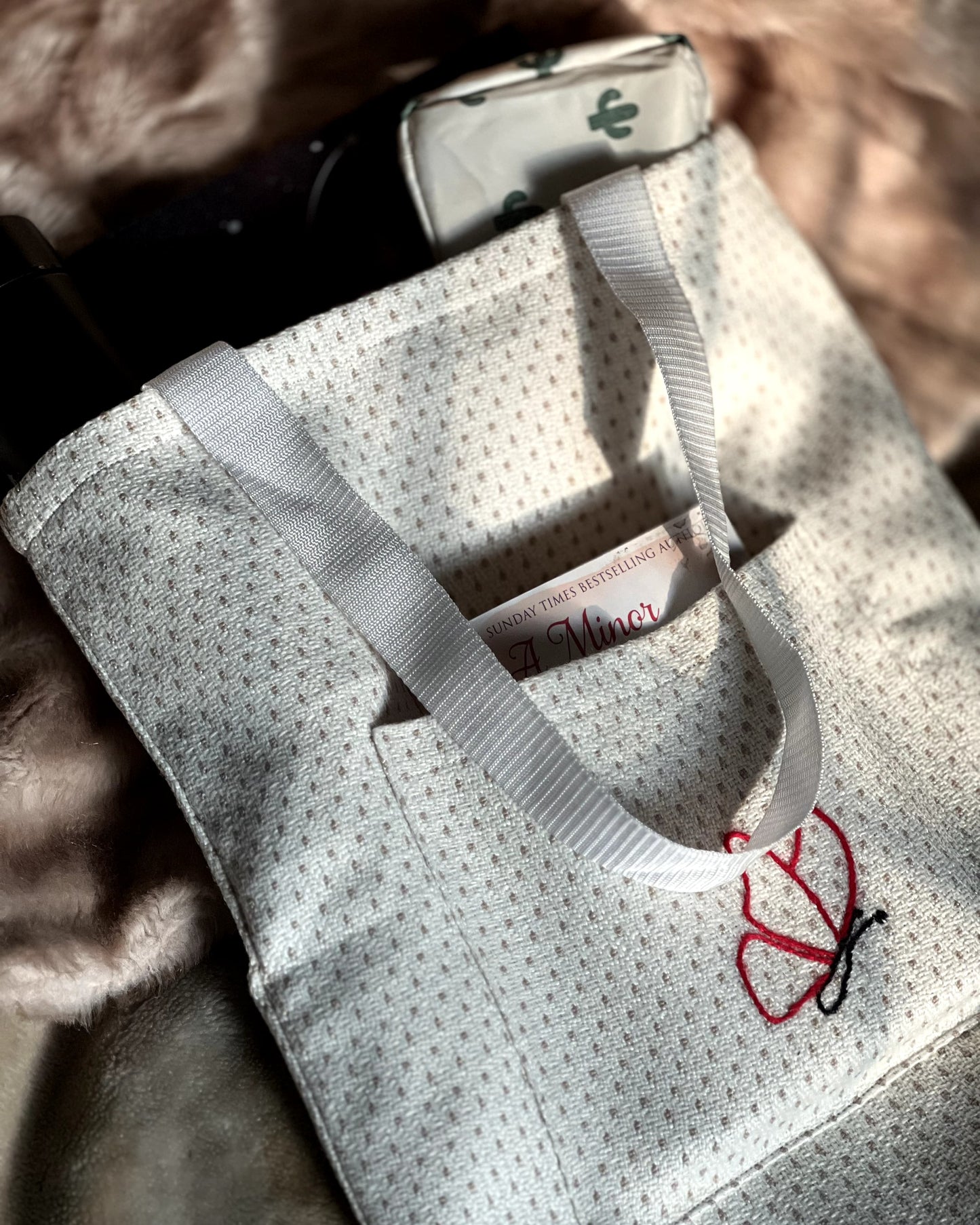 Dotted White Tote Bag - Butterfly Embroidery