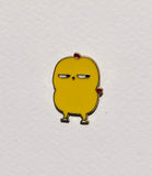 Yellow cartoon-like character with red shoes on a white background