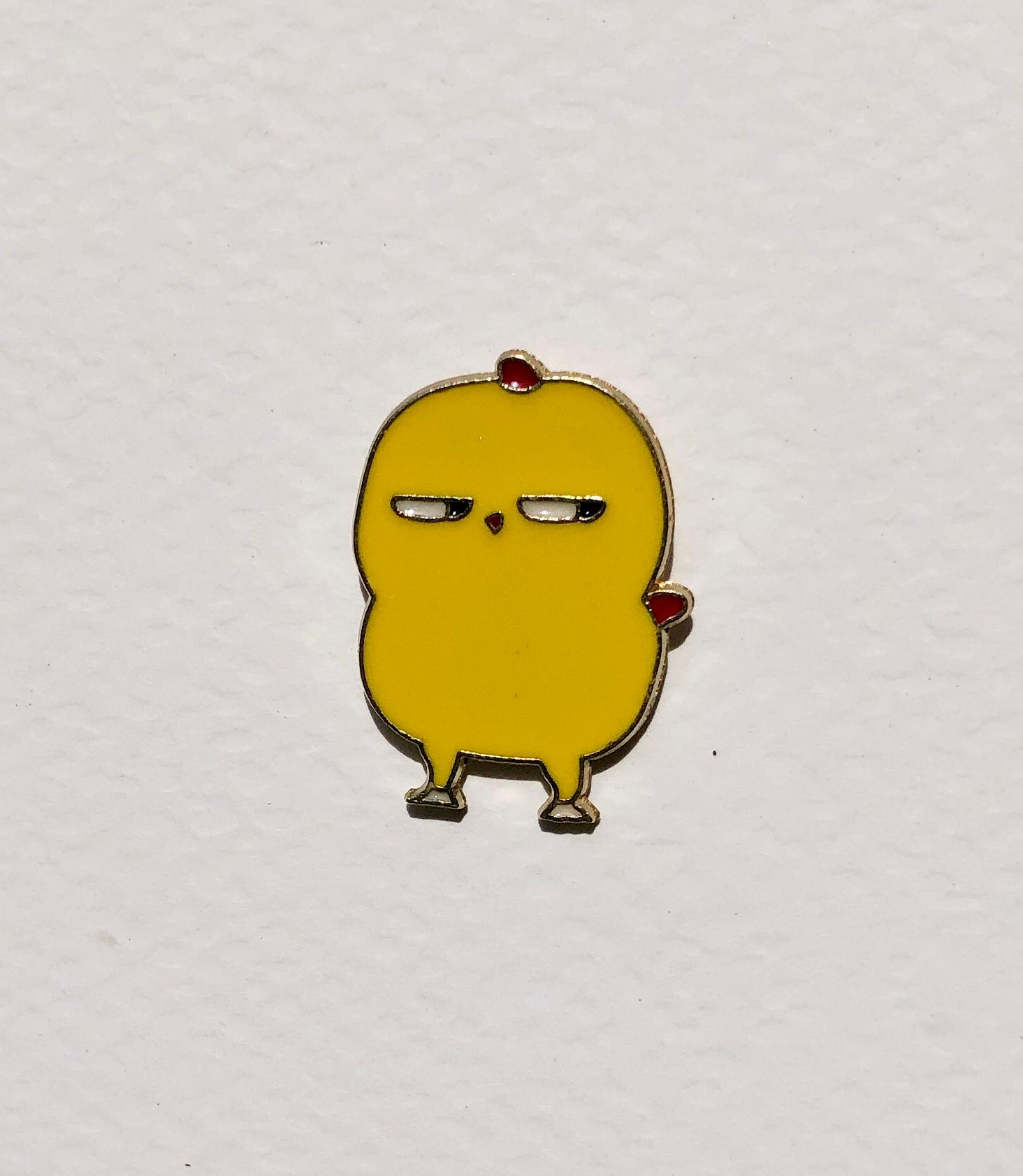 Yellow cartoon-like character with red shoes on a white background