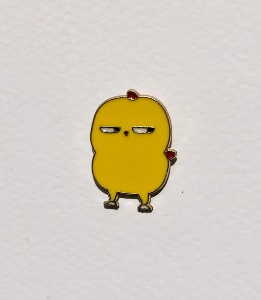 Yellow cartoon-like character with red shoes on a white background