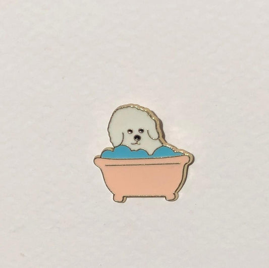 Illustration of a dog in a bathtub on a light gray background