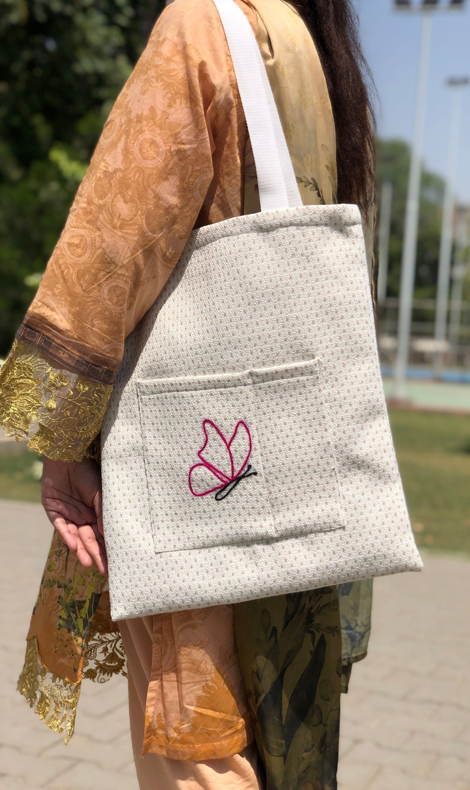 Dotted White Tote Bag - Butterfly Embroidery