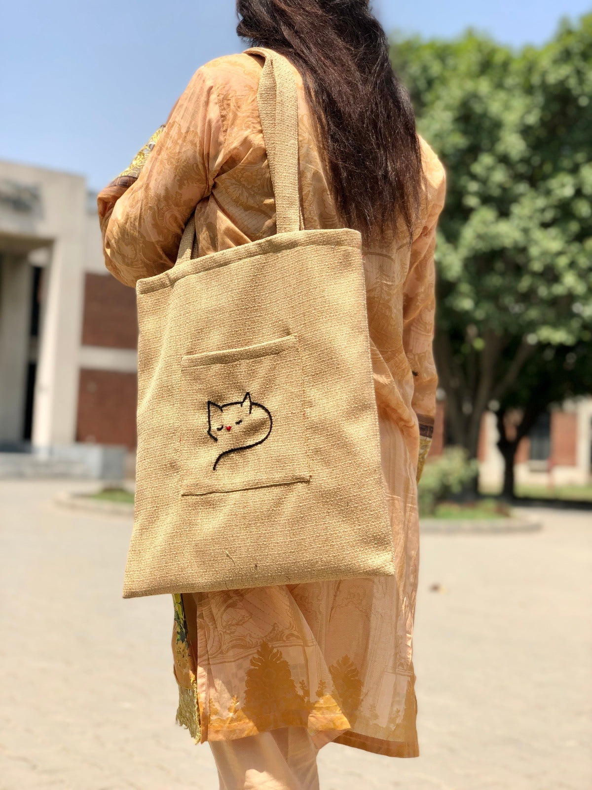 Handmade Golden Tote Bag with Cat Embroidery