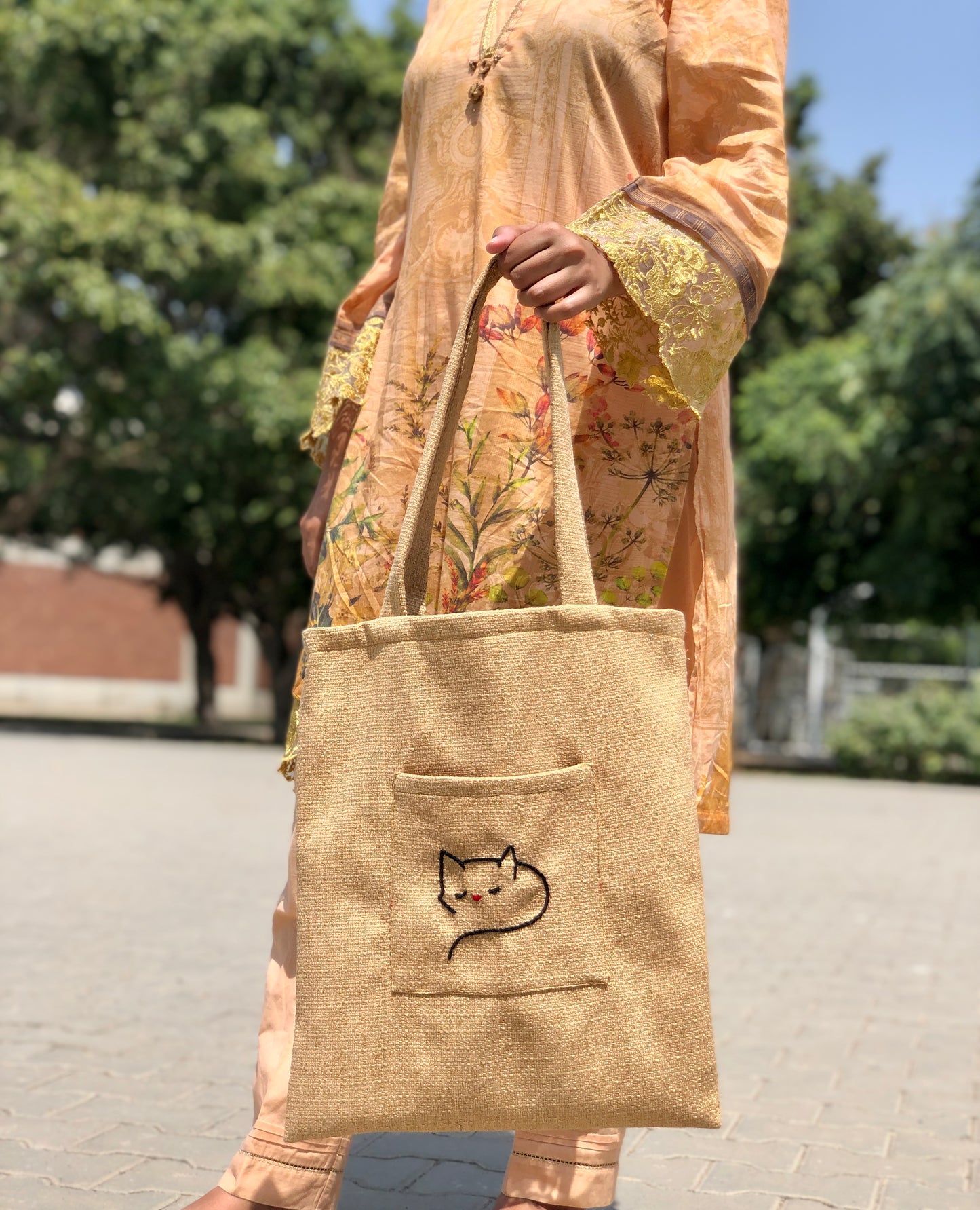 Handmade Golden Tote Bag with Cat Embroidery