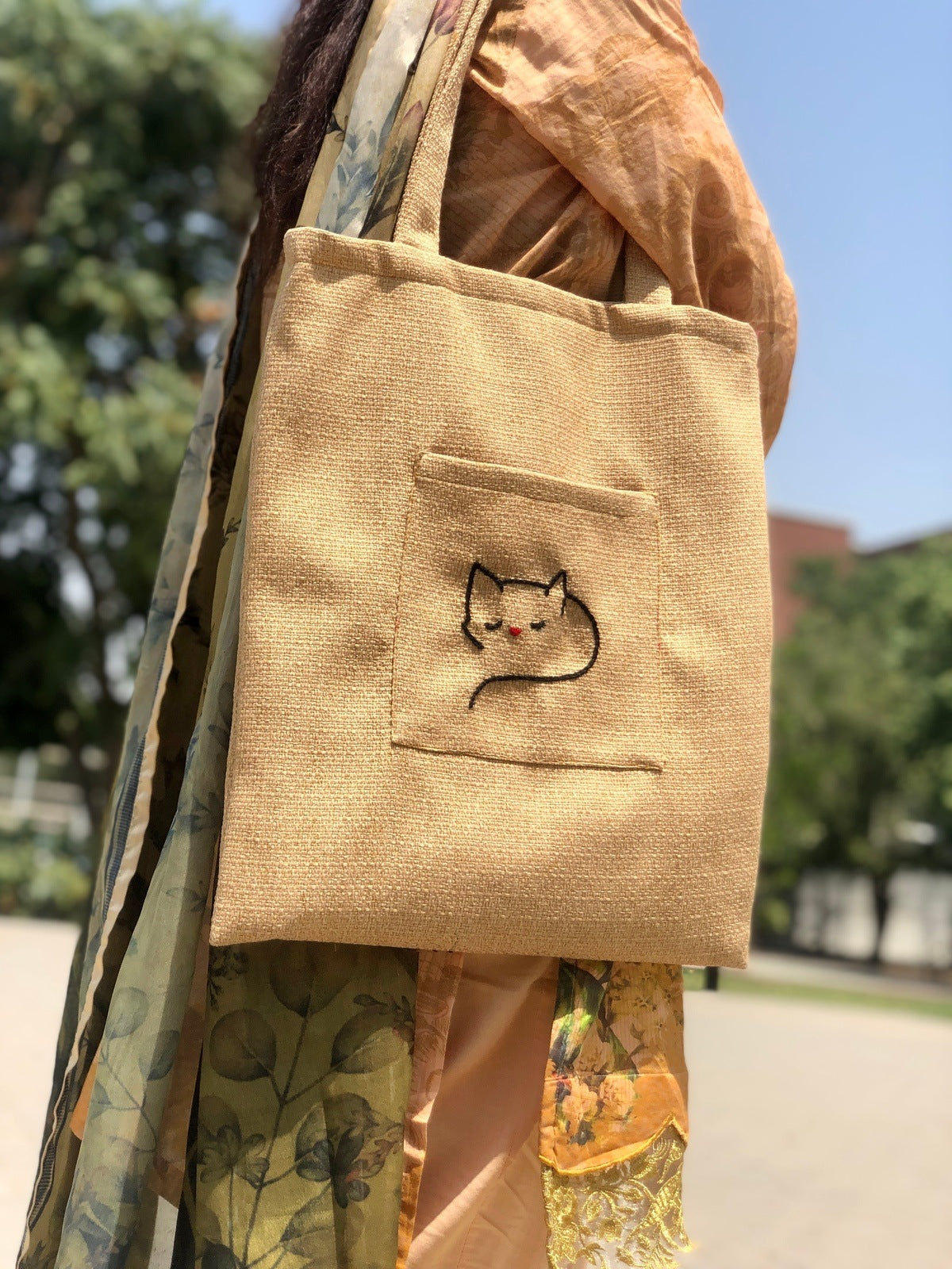 Handmade Golden Tote Bag with Cat Embroidery