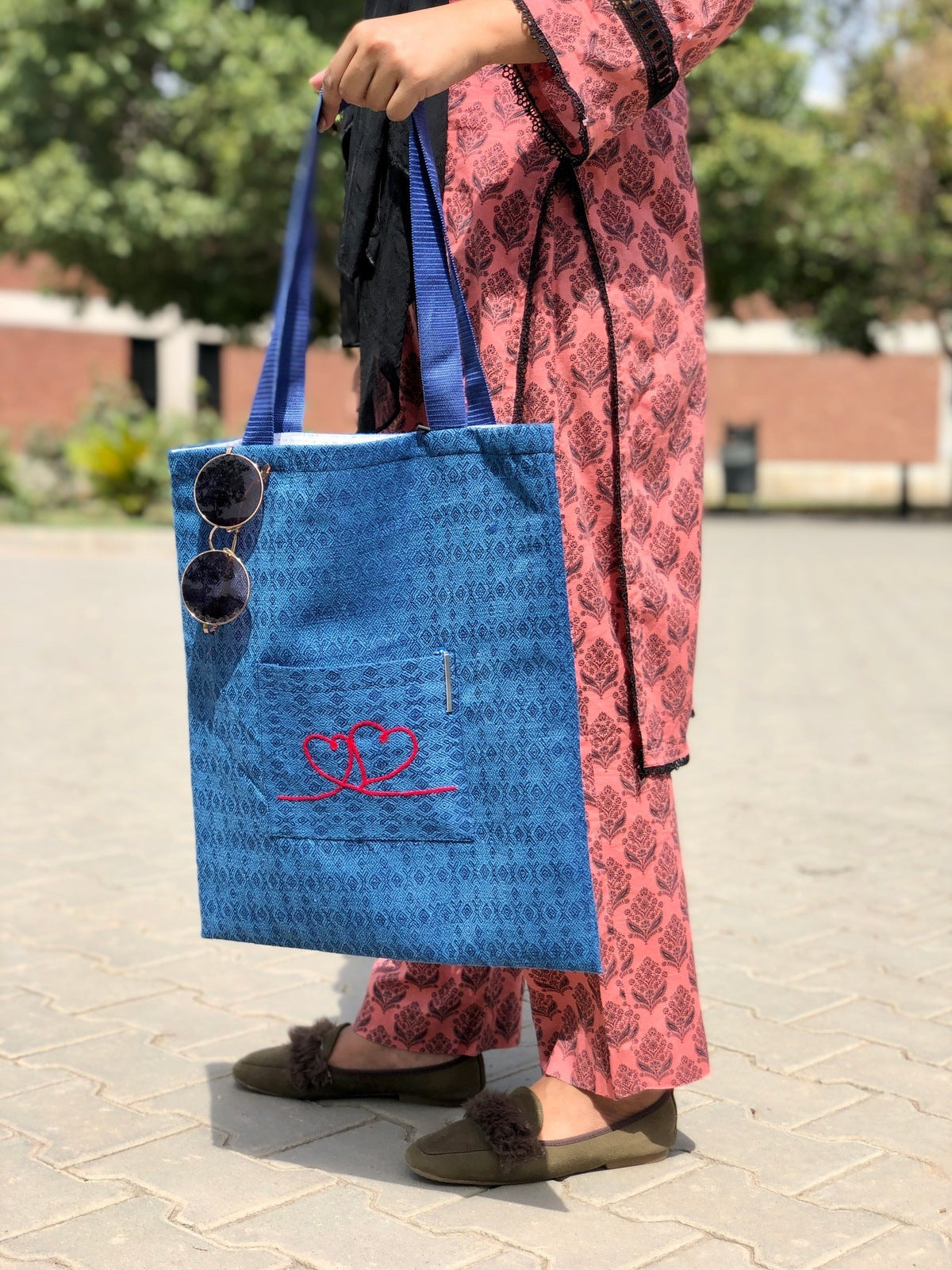 Blue Textured Tote Bag - Heart Embroidery