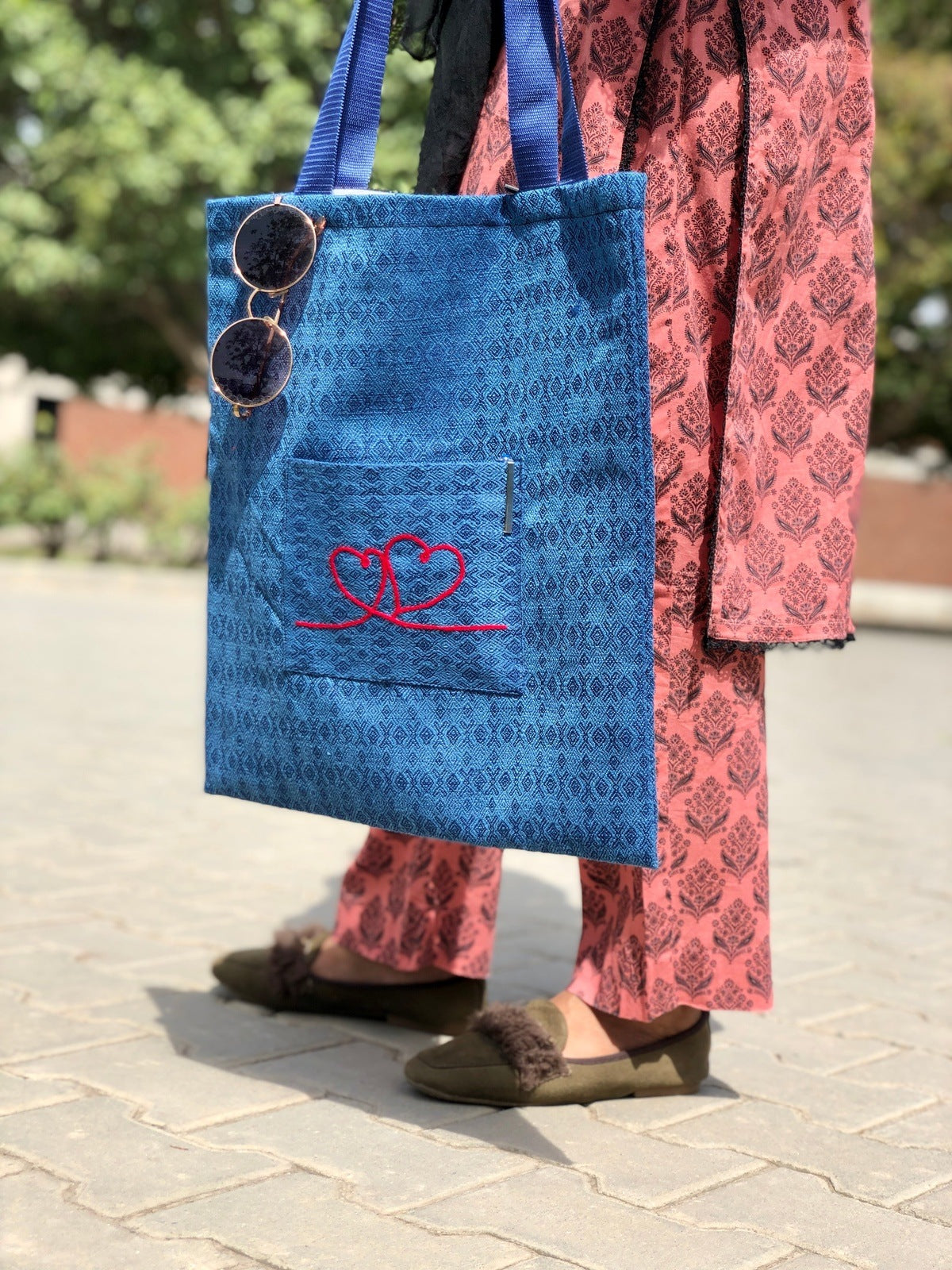 Blue Textured Tote Bag - Heart Embroidery