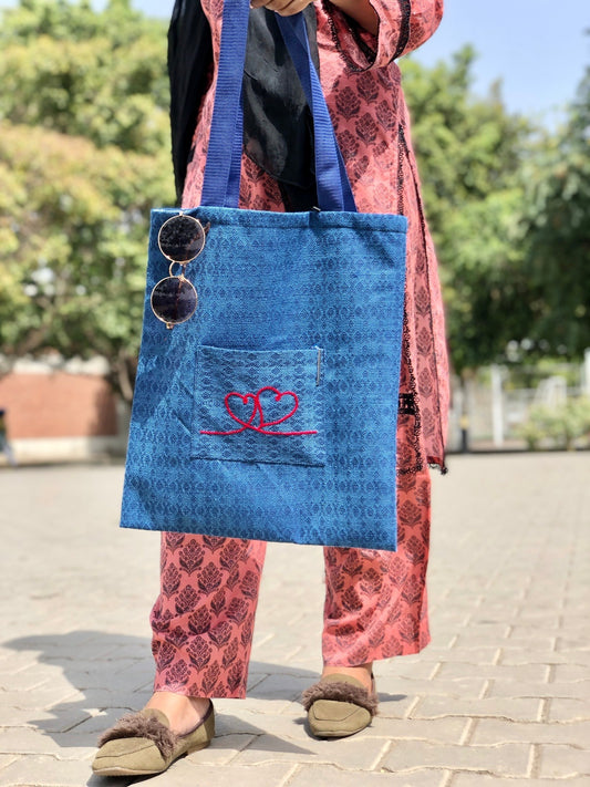 Blue Textured Tote Bag - Heart Embroidery