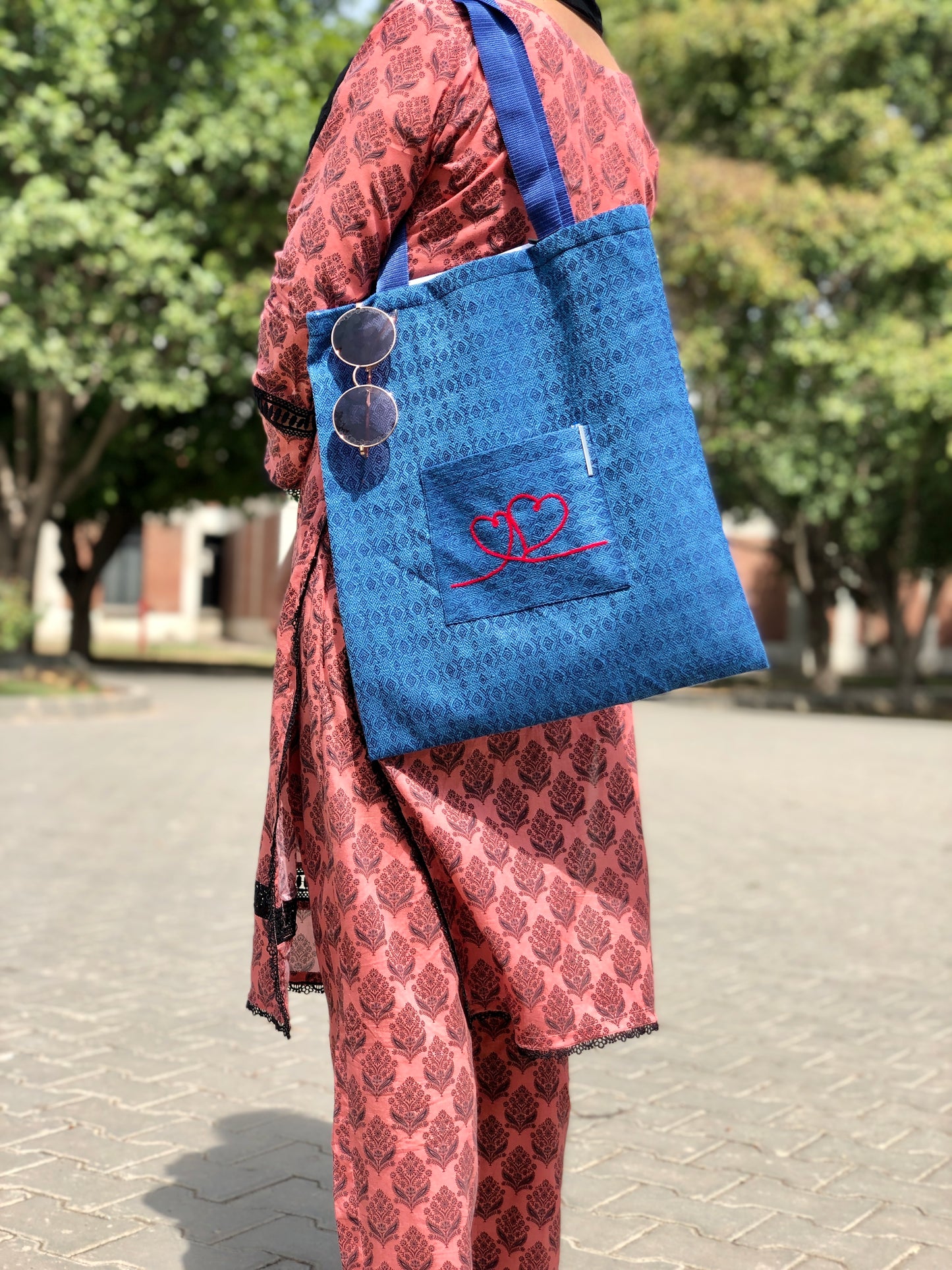 Blue Textured Tote Bag - Heart Embroidery