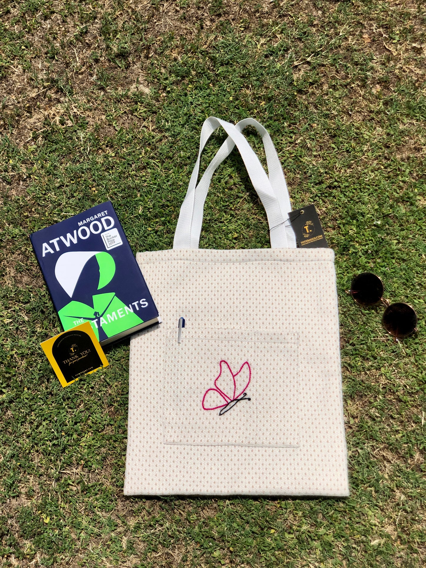 Dotted White Tote Bag - Butterfly Embroidery