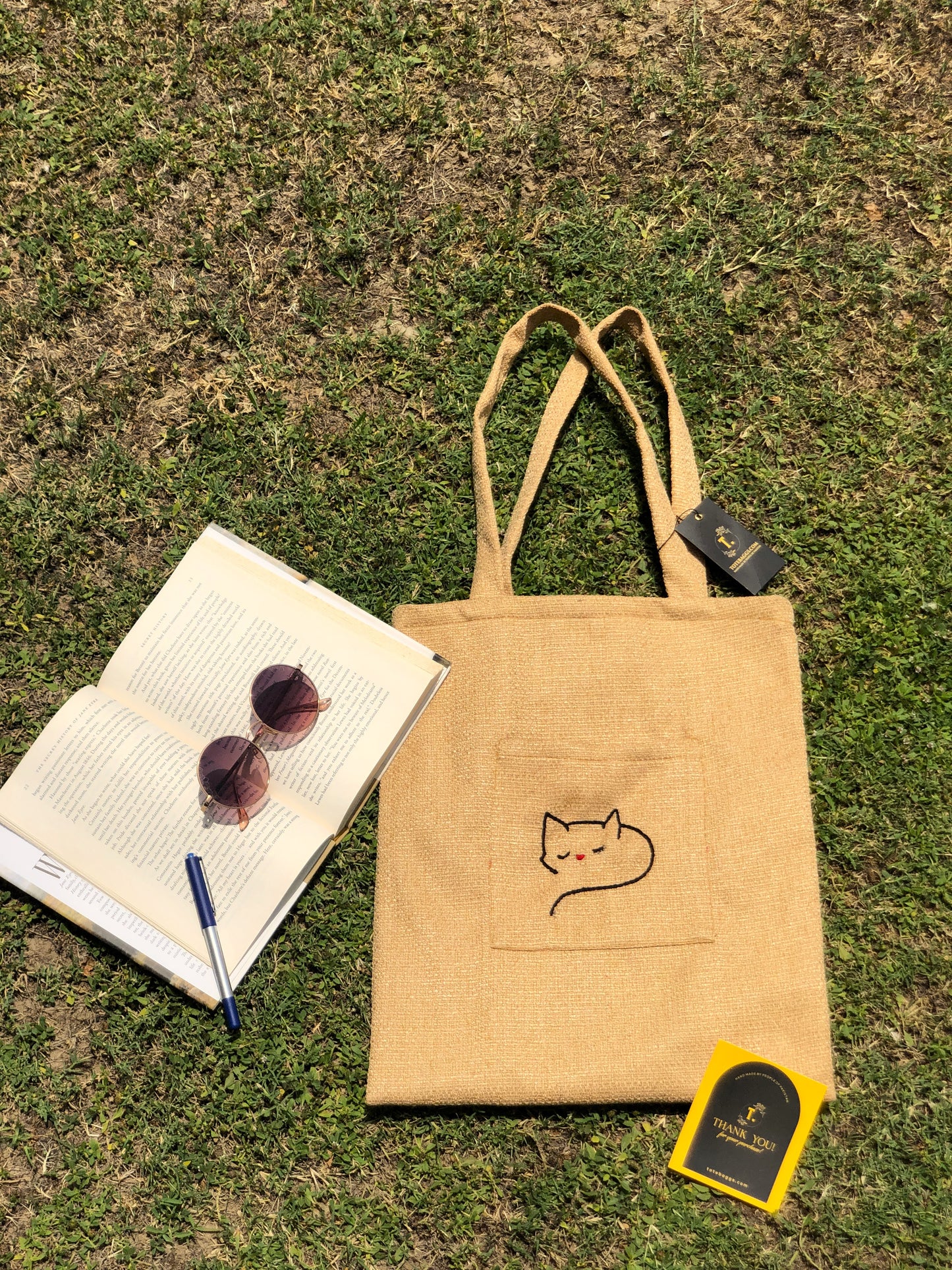 Handmade Golden Tote Bag with Cat Embroidery