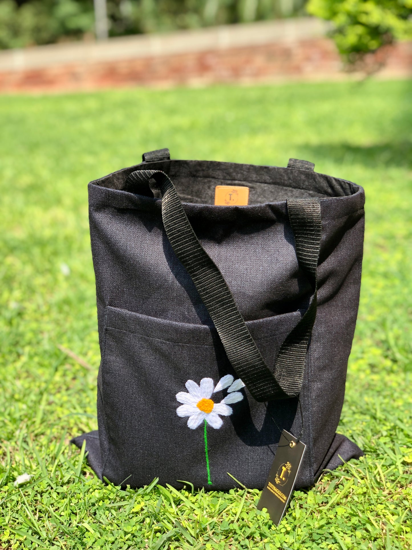 Black Tote Bag    Flower Embroidery  - Handmade