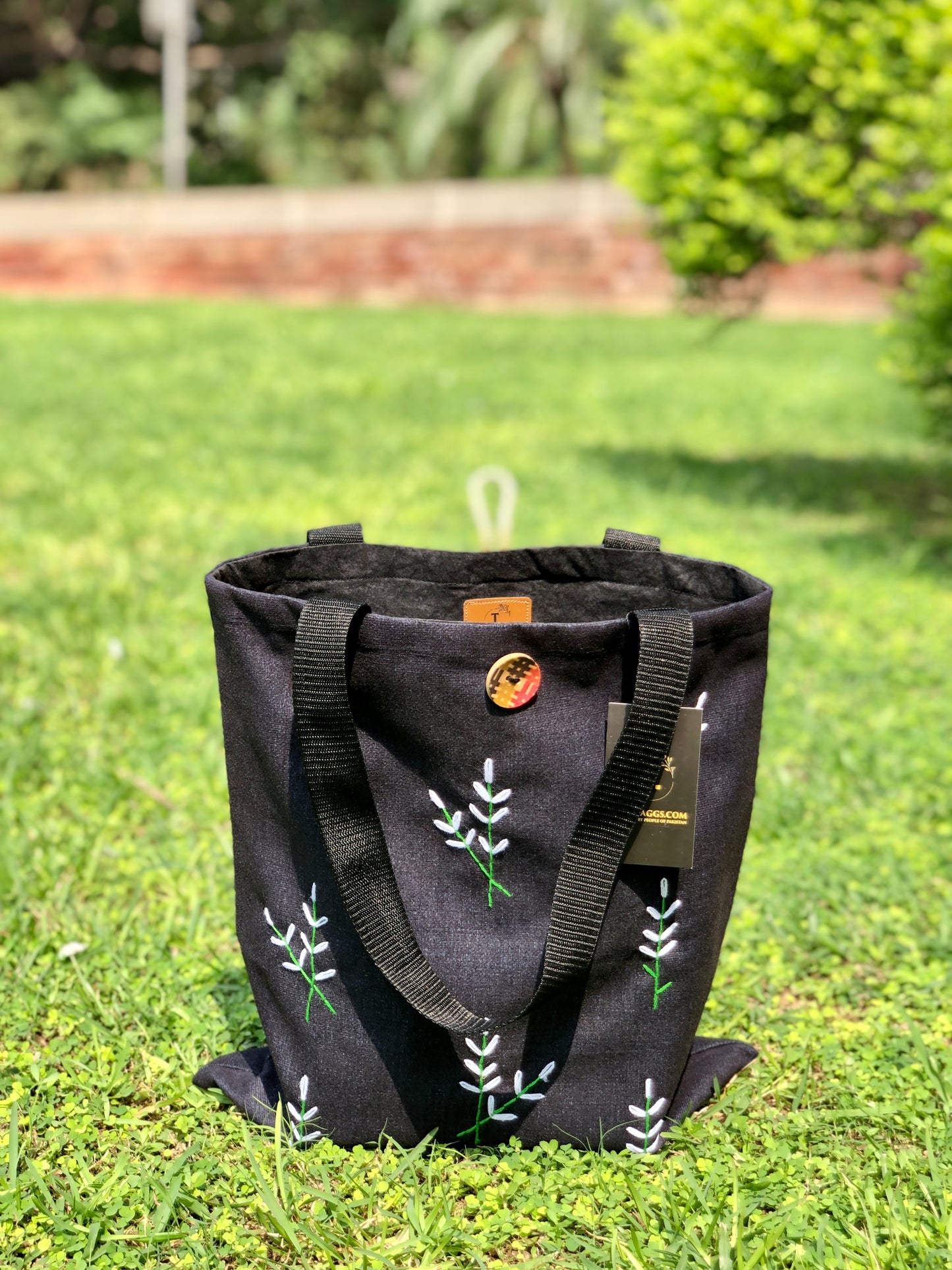 Black Tote Bag    Small Flowers Embroidery  - Handmade