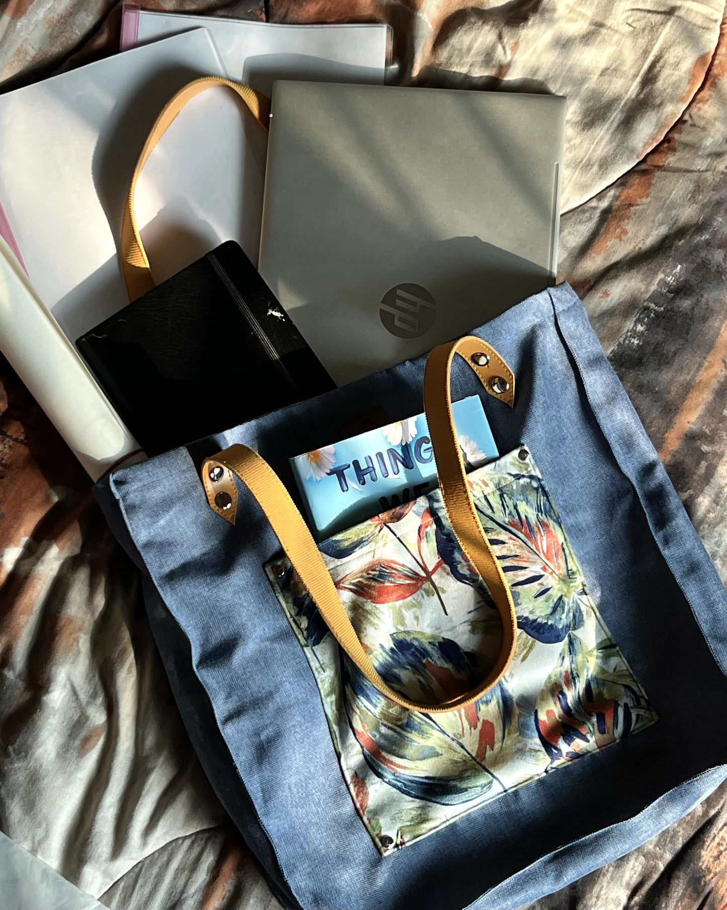 Leather Strap Blue Tote Bag – Digital Print Pocket