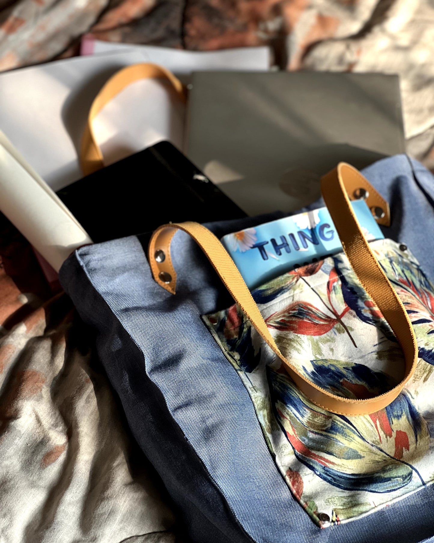 Leather Strap Blue Tote Bag – Digital Print Pocket