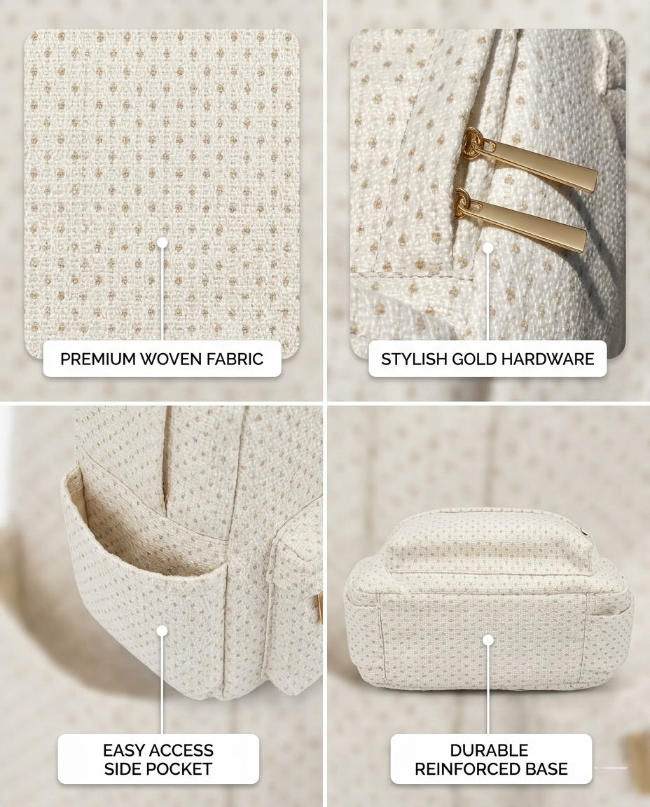 Minimalist Woven Dotted Laptop Backpack – Cream White & Gold