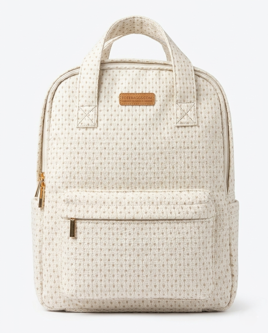 Minimalist Woven Dotted Laptop Backpack – Cream White & Gold