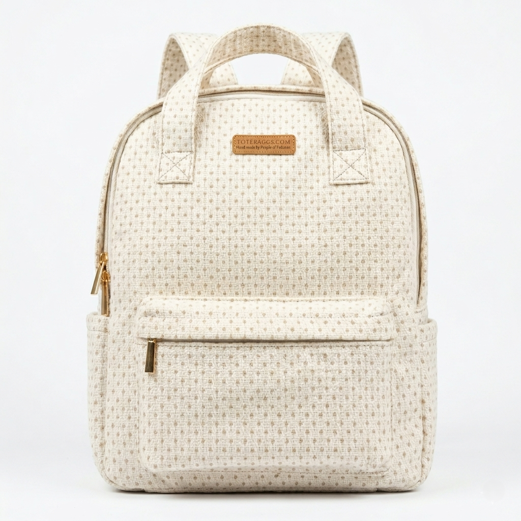 Minimalist Woven Dotted Laptop Backpack – Cream White & Gold