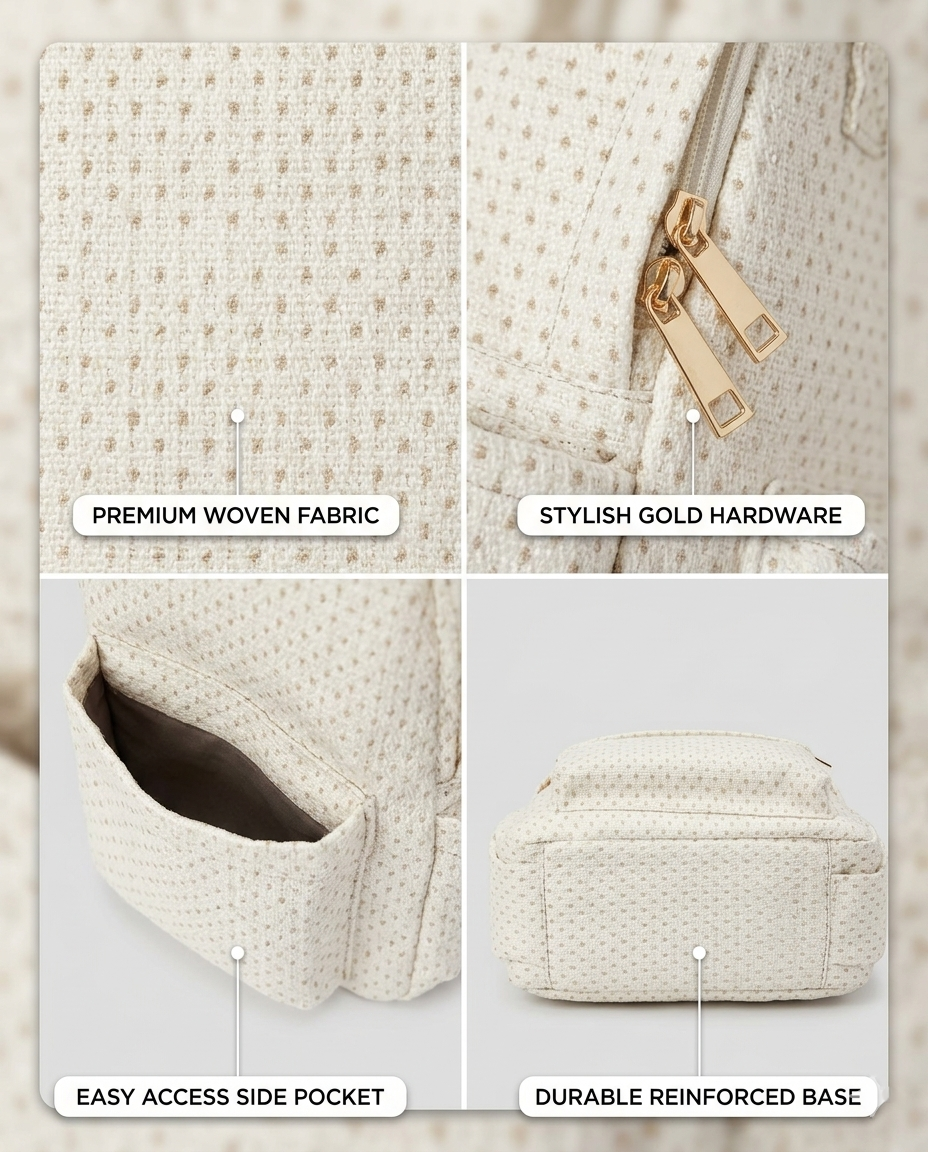 Minimalist Woven Dotted Laptop Backpack – Cream White & Gold