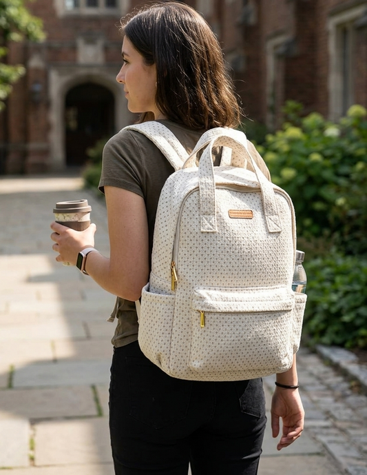 Woman with a textured beige backpack holding a coffee cup outdoors.