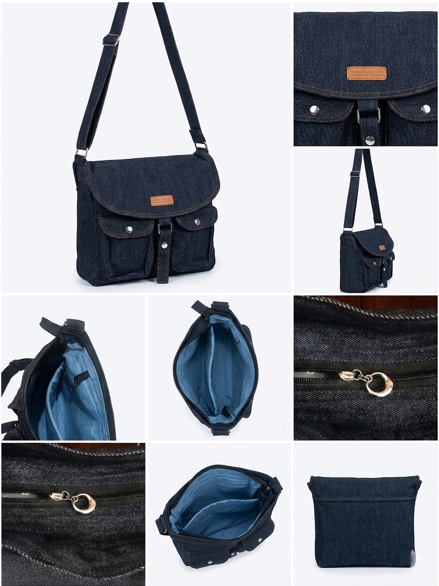Classic Double Pocket Denim Messenger Bag