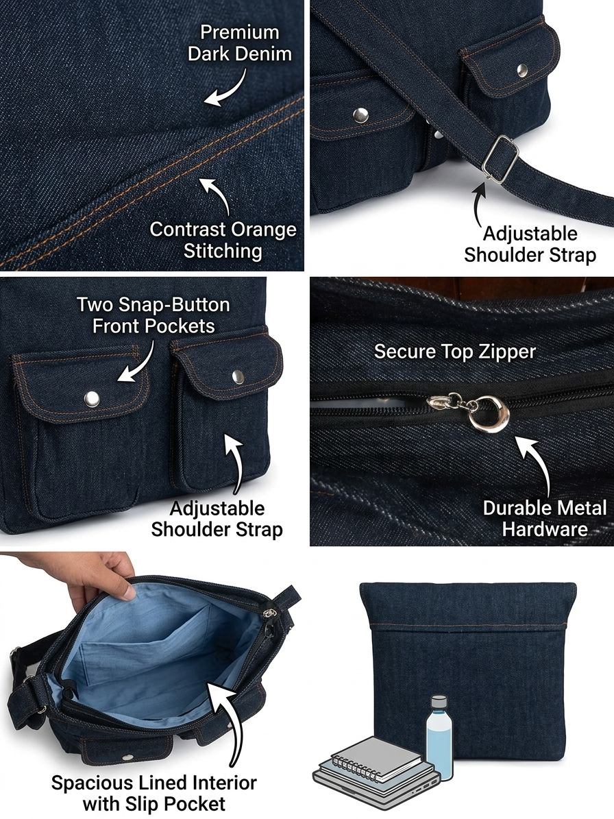 Classic Double Pocket Denim Messenger Bag