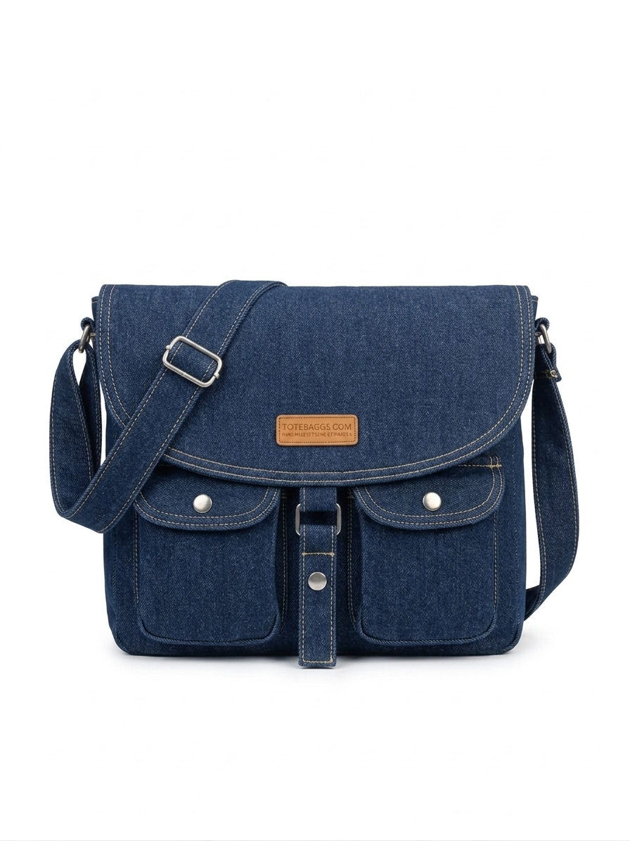 Classic Double Pocket Denim Messenger Bag
