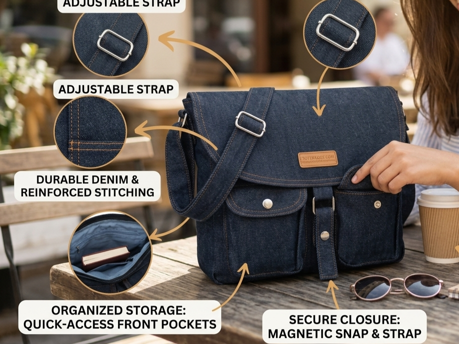 Classic Double Pocket Denim Messenger Bag
