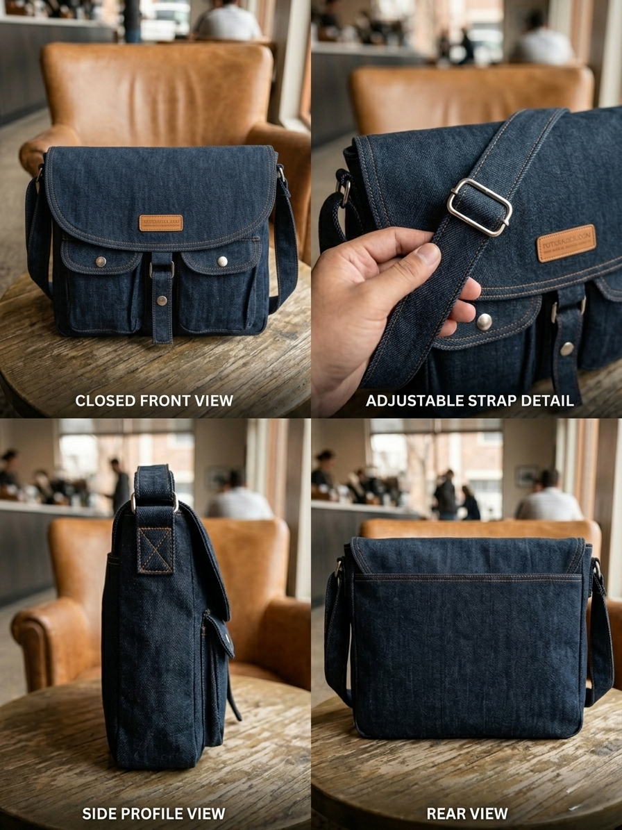 Classic Double Pocket Denim Messenger Bag
