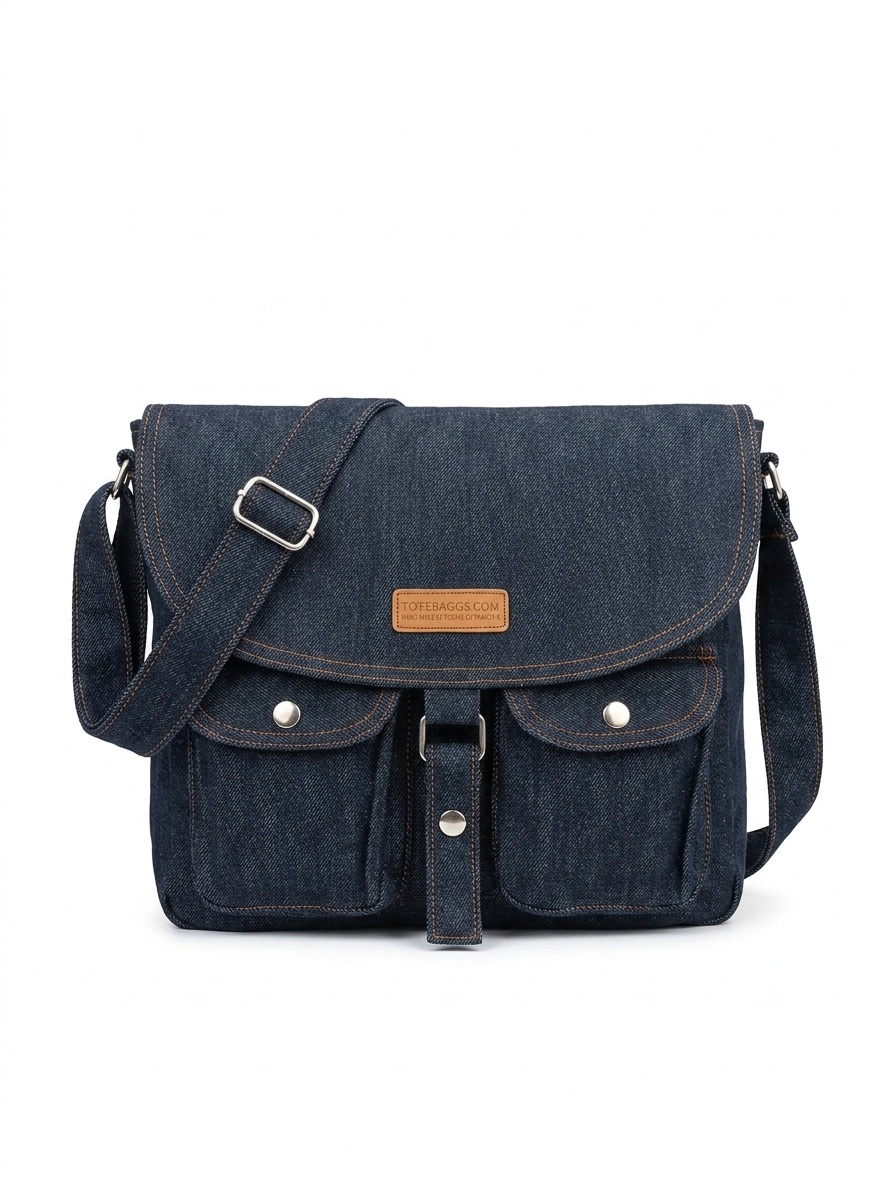 Classic Double Pocket Denim Messenger Bag