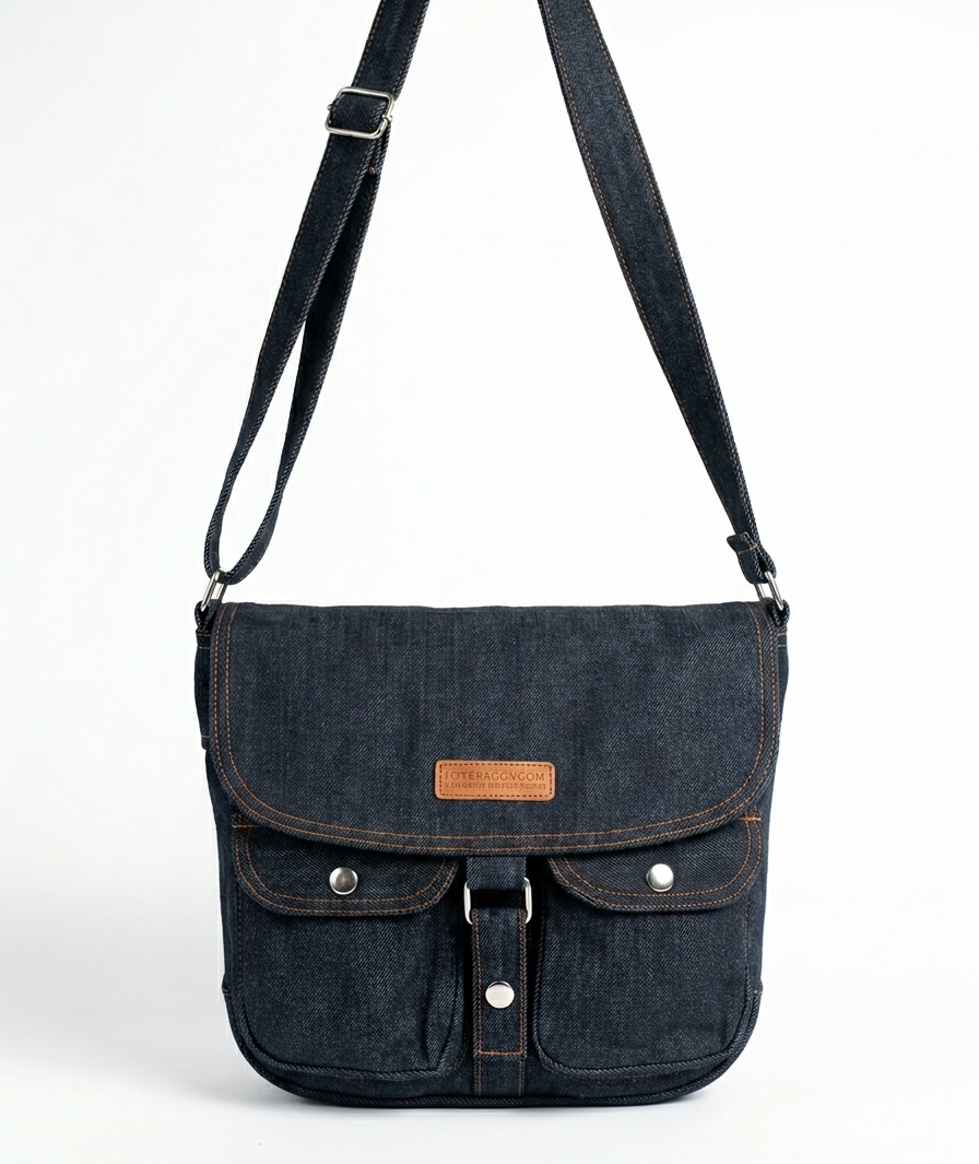 Classic Double Pocket Denim Messenger Bag