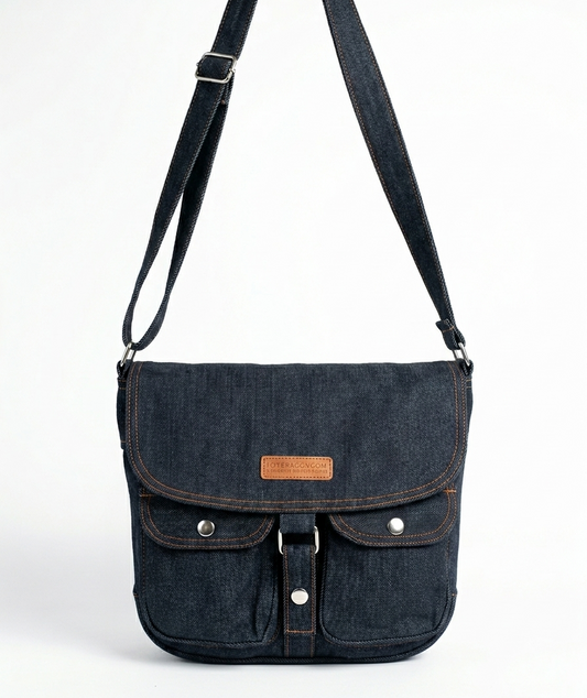 Classic Double Pocket Denim Messenger Bag