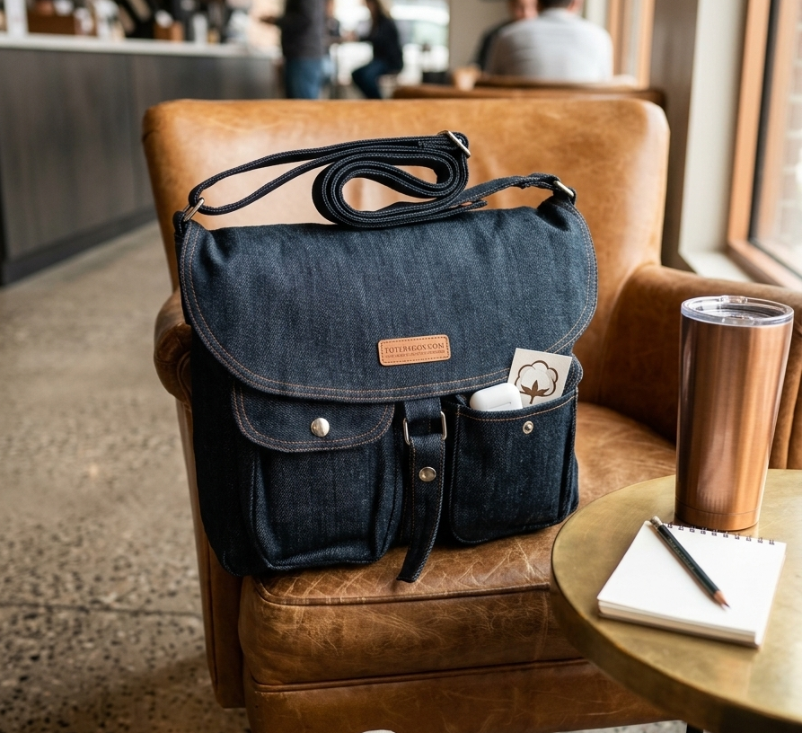 Classic Double Pocket Denim Messenger Bag