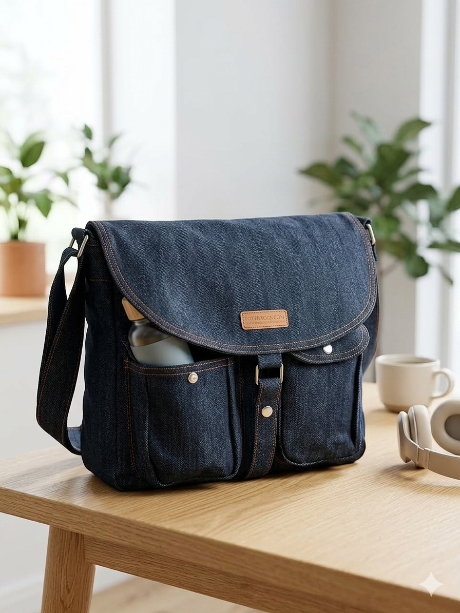Classic Double Pocket Denim Messenger Bag